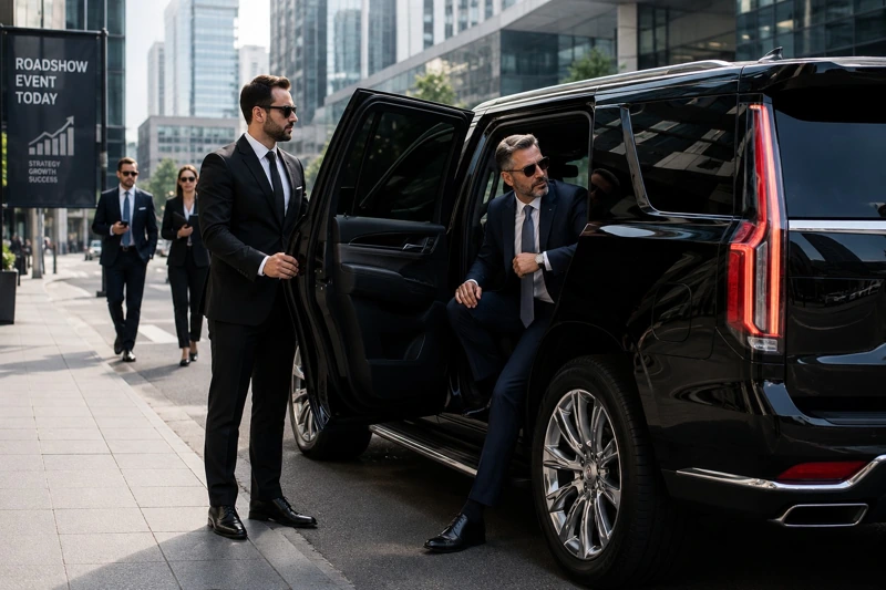 Roadshow car service with a professional chauffeur providing luxury transportation for corporate events and business executives.
