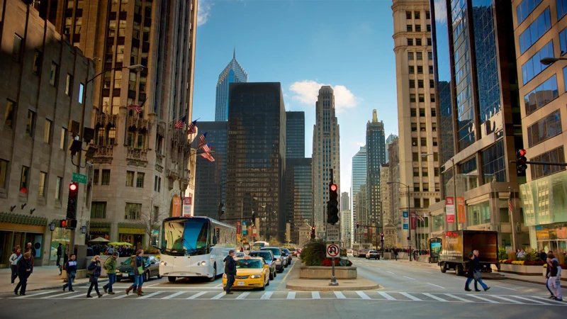 Downtown Chicago featuring luxury city transportation, iconic architecture, and a vibrant urban skyline.
