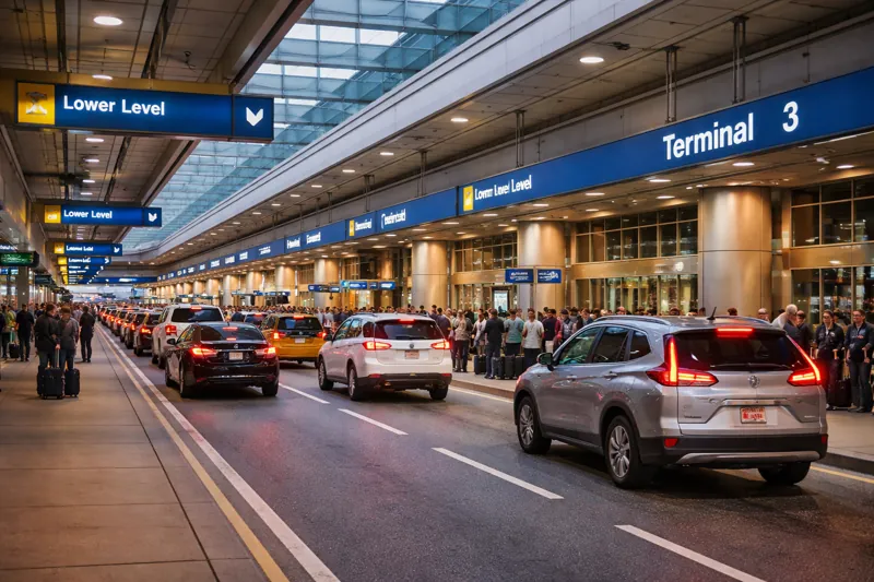 Chicago Airport Pickup area with cars waiting at O’Hare terminal