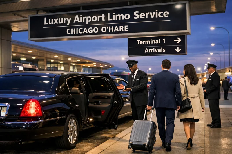 Luxury airport limo service Chicago at O’Hare airport pickup area airport transportation