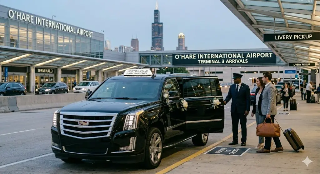 Luxury airport limo service in Chicago picking up travelers at O’Hare International Airport