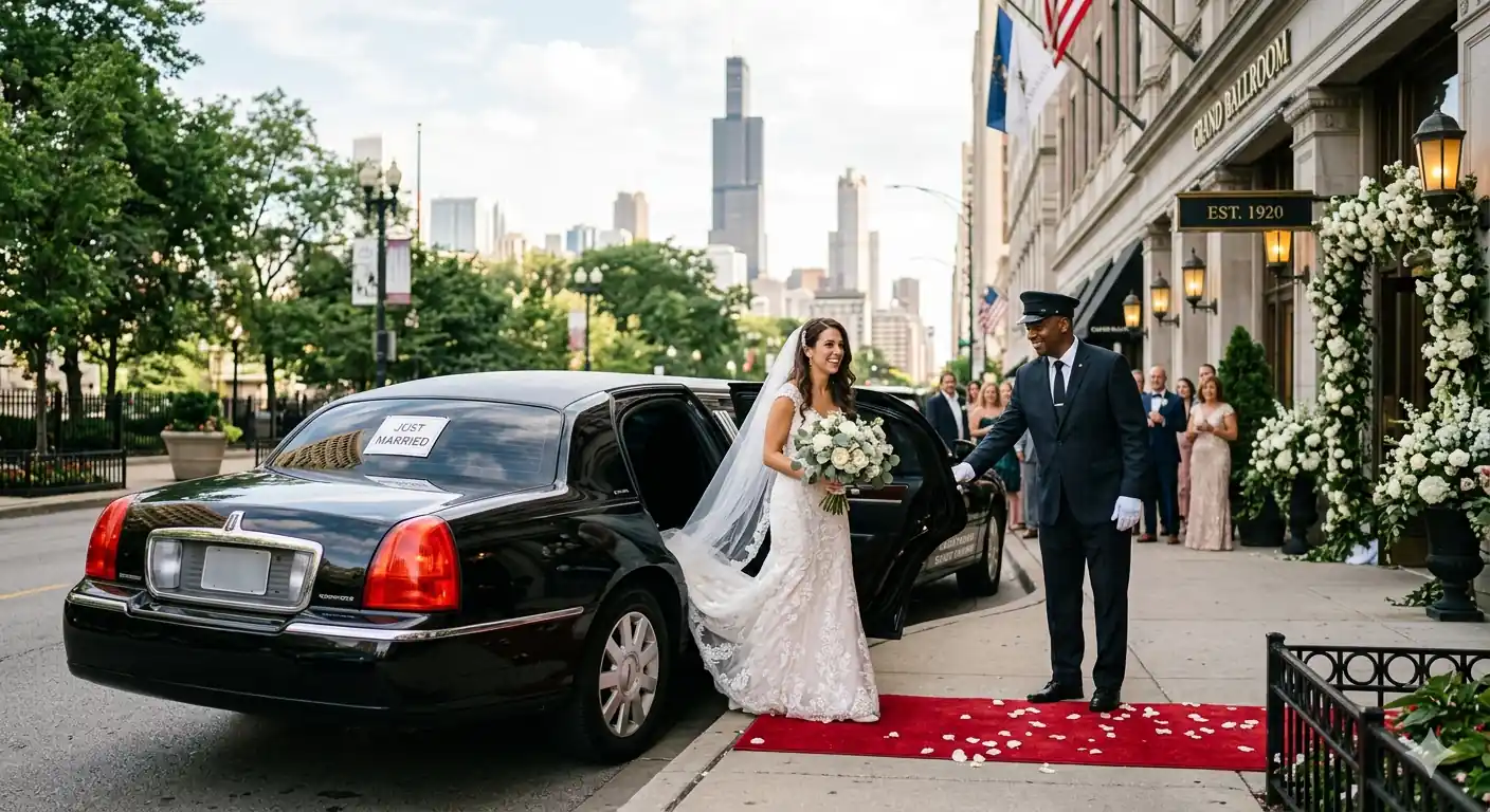 Luxury wedding chauffeur service Chicago with bride arriving in limousine