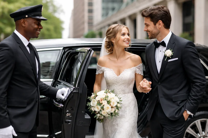 A wedding couple arriving in a luxury car with chauffeur service in Chicago. best chauffeur service