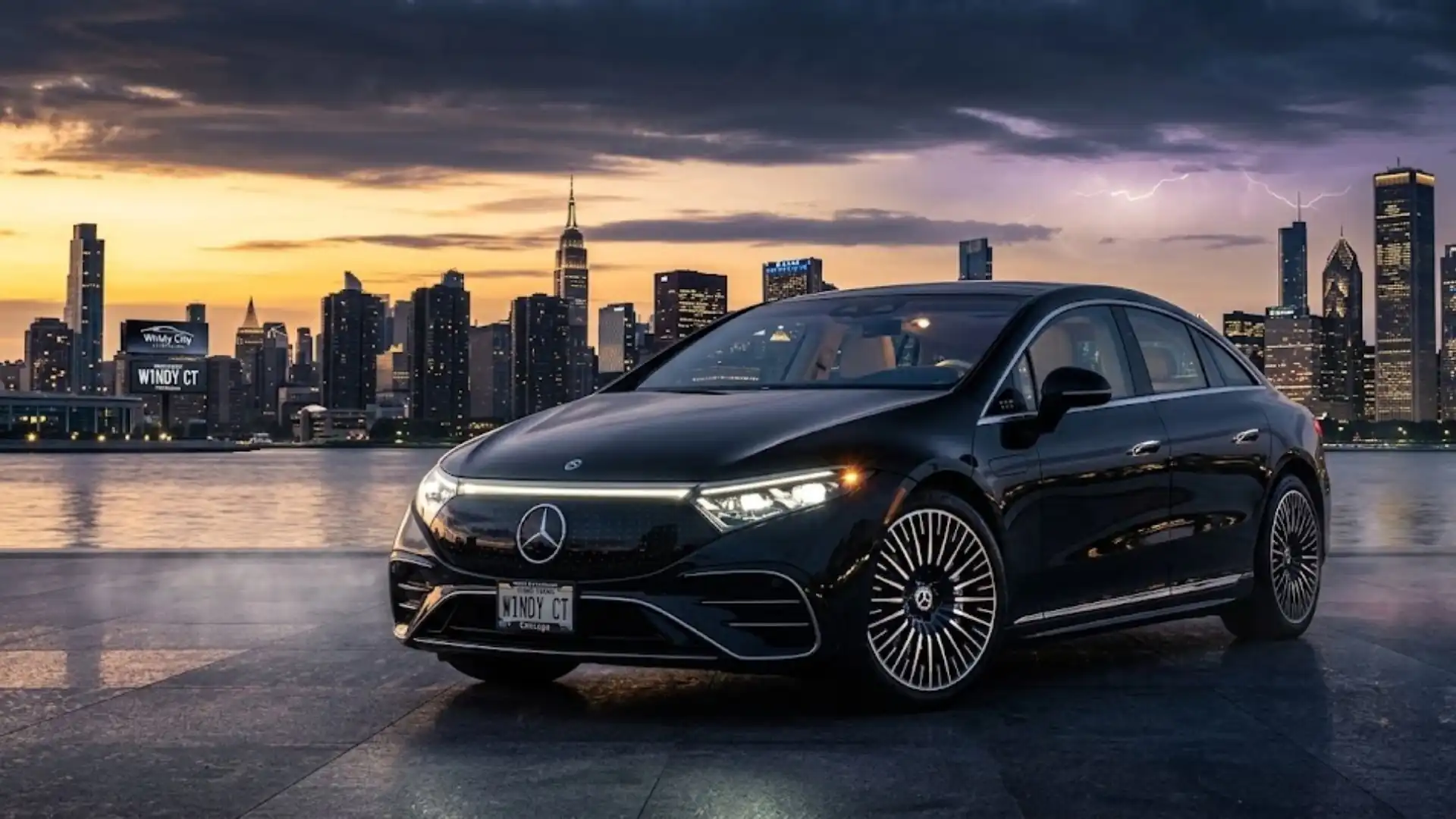 A luxurious black Mercedes-Benz EQS sedan is parked at a waterfront against a dramatic Chicago skyline at sunset, complete with a flash of lightning. Rent a Limo Service