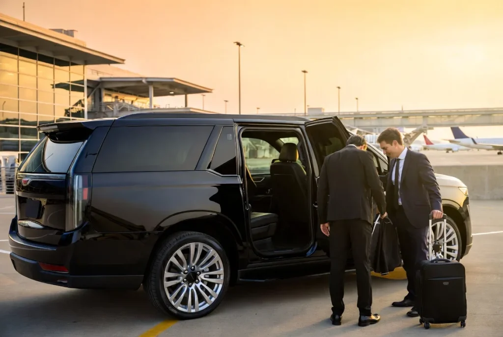 Luxury black Cadillac Escalade with professional chauffeur assisting an executive traveler with luggage at Chicago O’Hare International Airport during golden hour, premium airport transfer service to Zurich North America Headquarters.