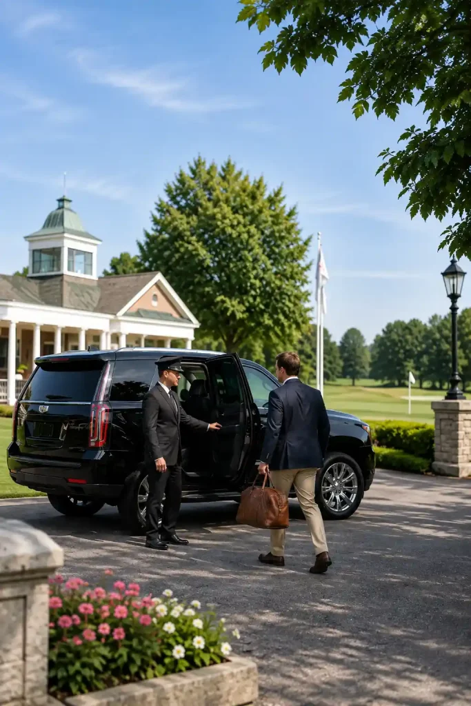 Luxury chauffeur opening a black SUV door for a passenger at a prestigious country club