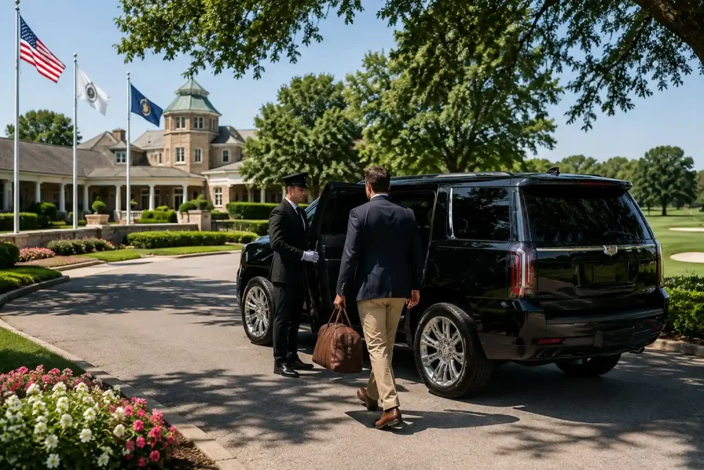 Private chauffeur opening black luxury SUV door for passenger at country club