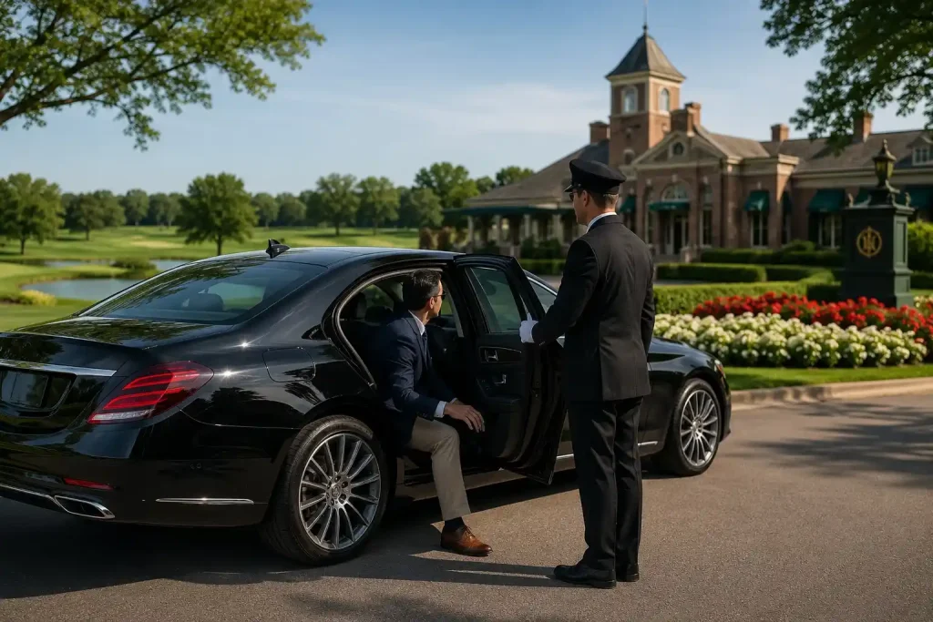 Executive chauffeur helping passenger into a luxury sedan at a golf country club