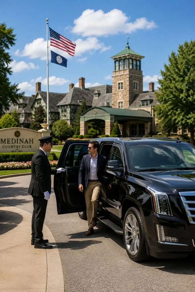 Professional chauffeur opening a luxury SUV for a passenger at Medinah Country Club