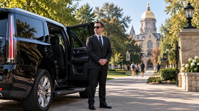 Professional chauffeur with luxury SUV near Notre Dame campus